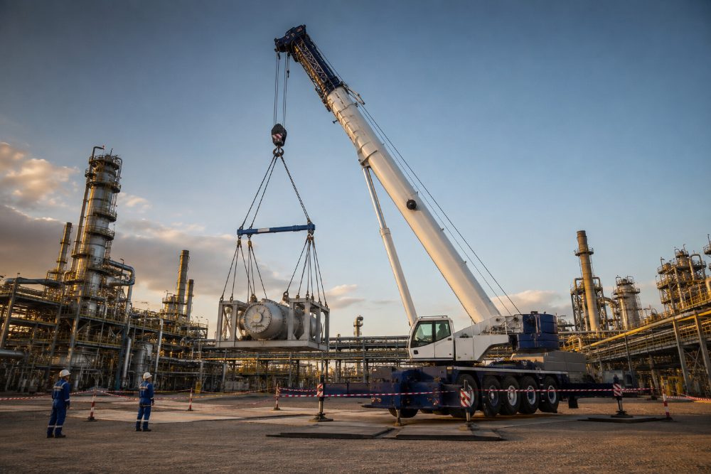 Guindaste içando carga em planta industrial